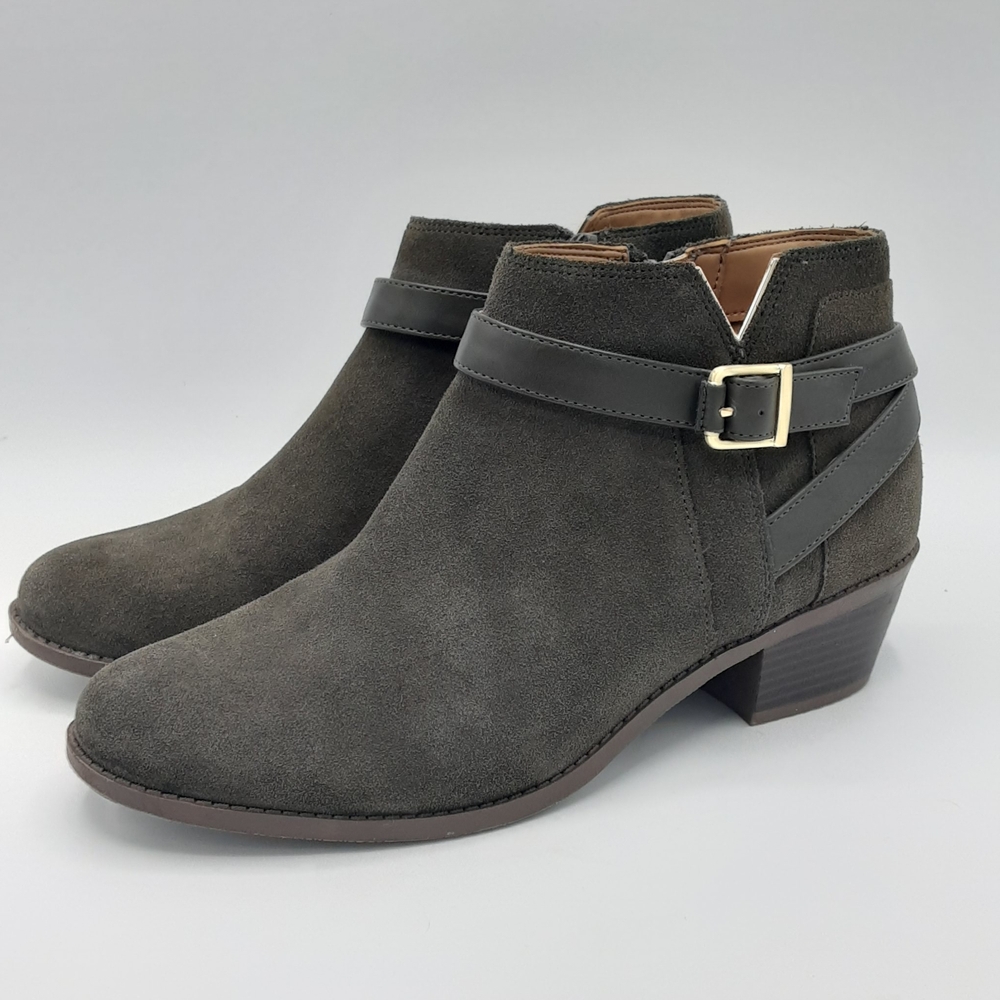 Vionic Farrah Olive Suede Ankle Boots with Buckle Strap
